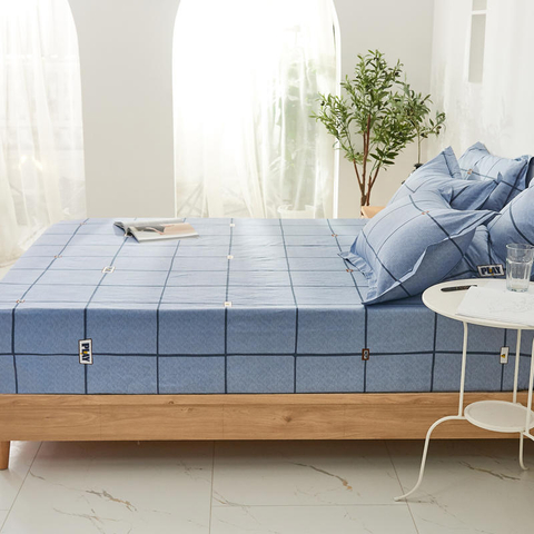 Ropa de cama doble estampada a cuadros de algodón con bolsillos profundos para textiles para el hogar