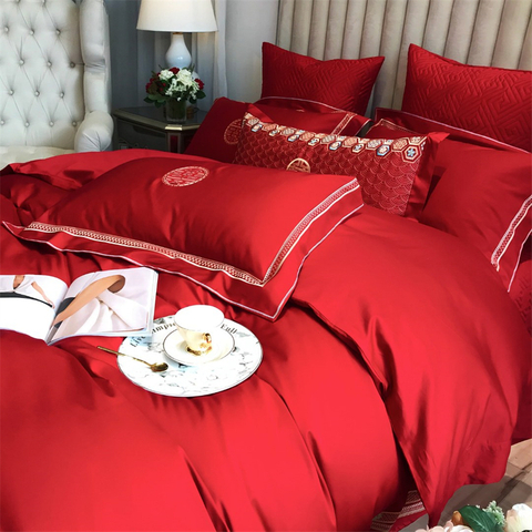 Barato Hotel de 4-5 estrellas Funda de edredón de boda de algodón rojo de fibra larga de los años 80
