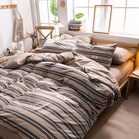 Venta caliente Ropa de cama de algodón de estilo simple a rayas de color caqui y gris